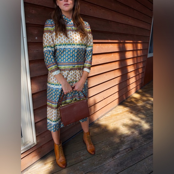 Vintage Floral and Stripe Beige and Teal Shirtdress - Picture 7 of 7